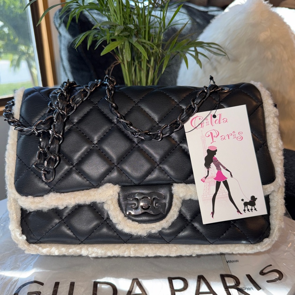GILDA PARIS Black Quilted Shoulder Bag with Cream Trim - Picture 3 of 10